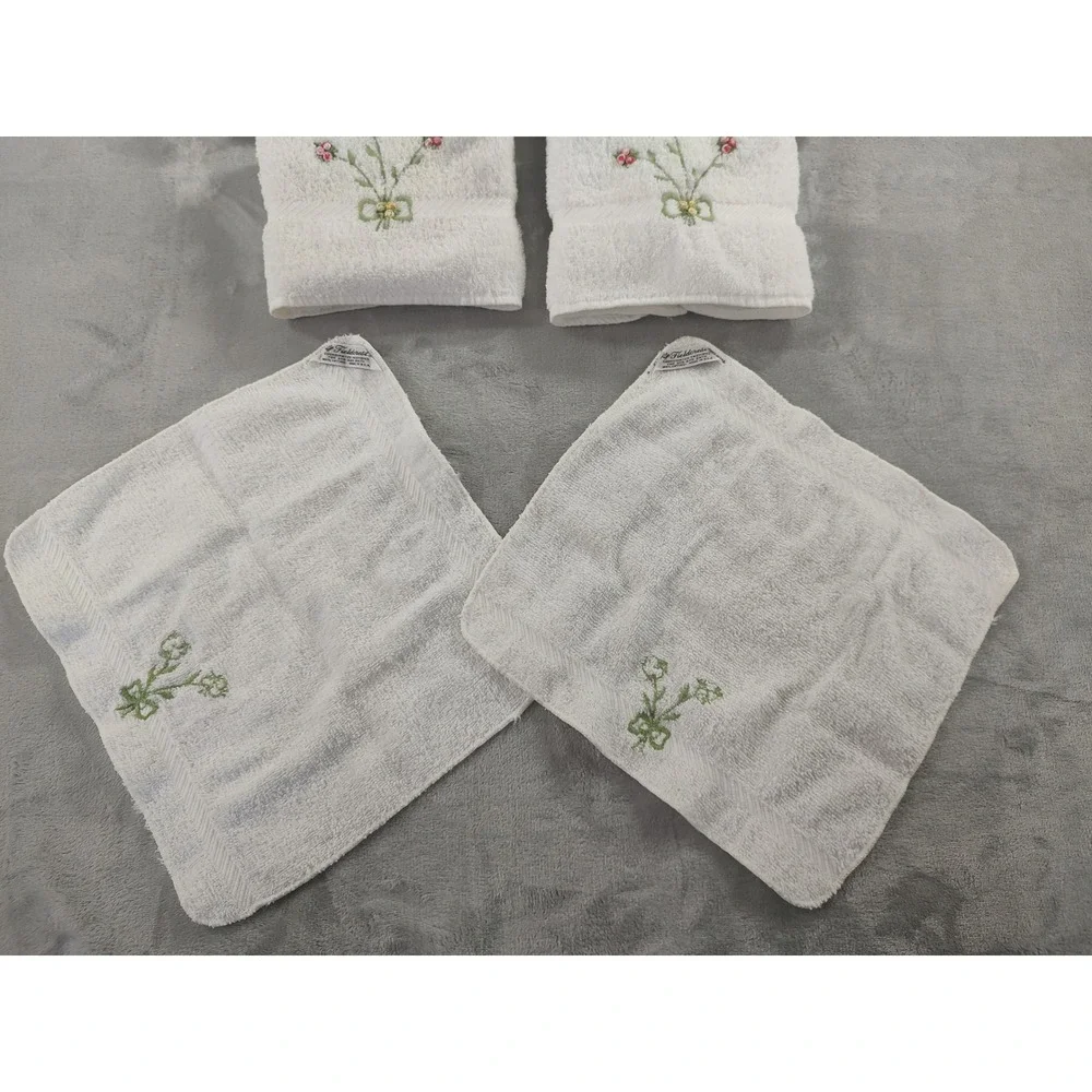 Vintage Fieldcrest Embroidered Floral Towel Set 6pc Cotton Cream Made in USA